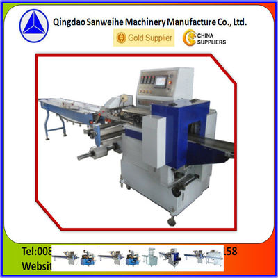 3.6KW Blue Horizontal Flow Wrap Machine  Wider Film Reciprocating Packaging Machine